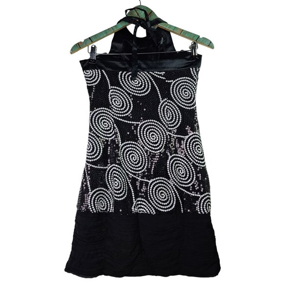 Vintage Cache Black White Sequin Satin Mini Halter Party Dress, Sz 6 - Picture 3 of 12